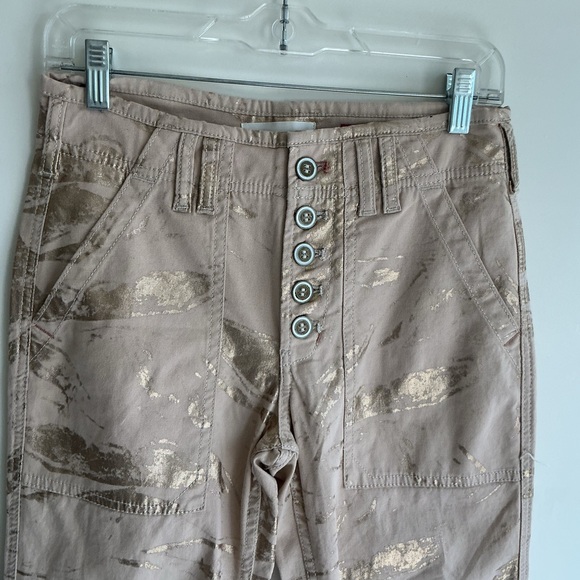 Anthropologie The Wanderer Gold Foil Print Pants Beige High Rise Straight Leg 26 - Picture 3 of 7